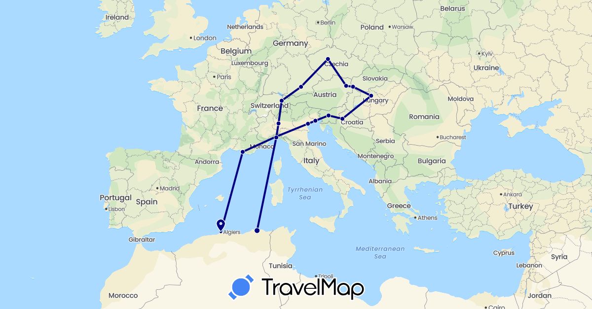TravelMap itinerary: driving in Austria, Czech Republic, Germany, Algeria, France, Croatia, Hungary, Italy, Liechtenstein, Slovenia, Slovakia (Africa, Europe)